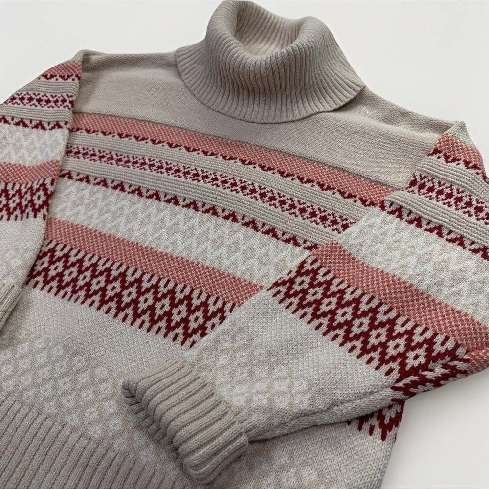 Frye Fair Isle Sweater XL Cowl Neck Beige Red "Steel Cut‎ Oats" Comfy Cozy